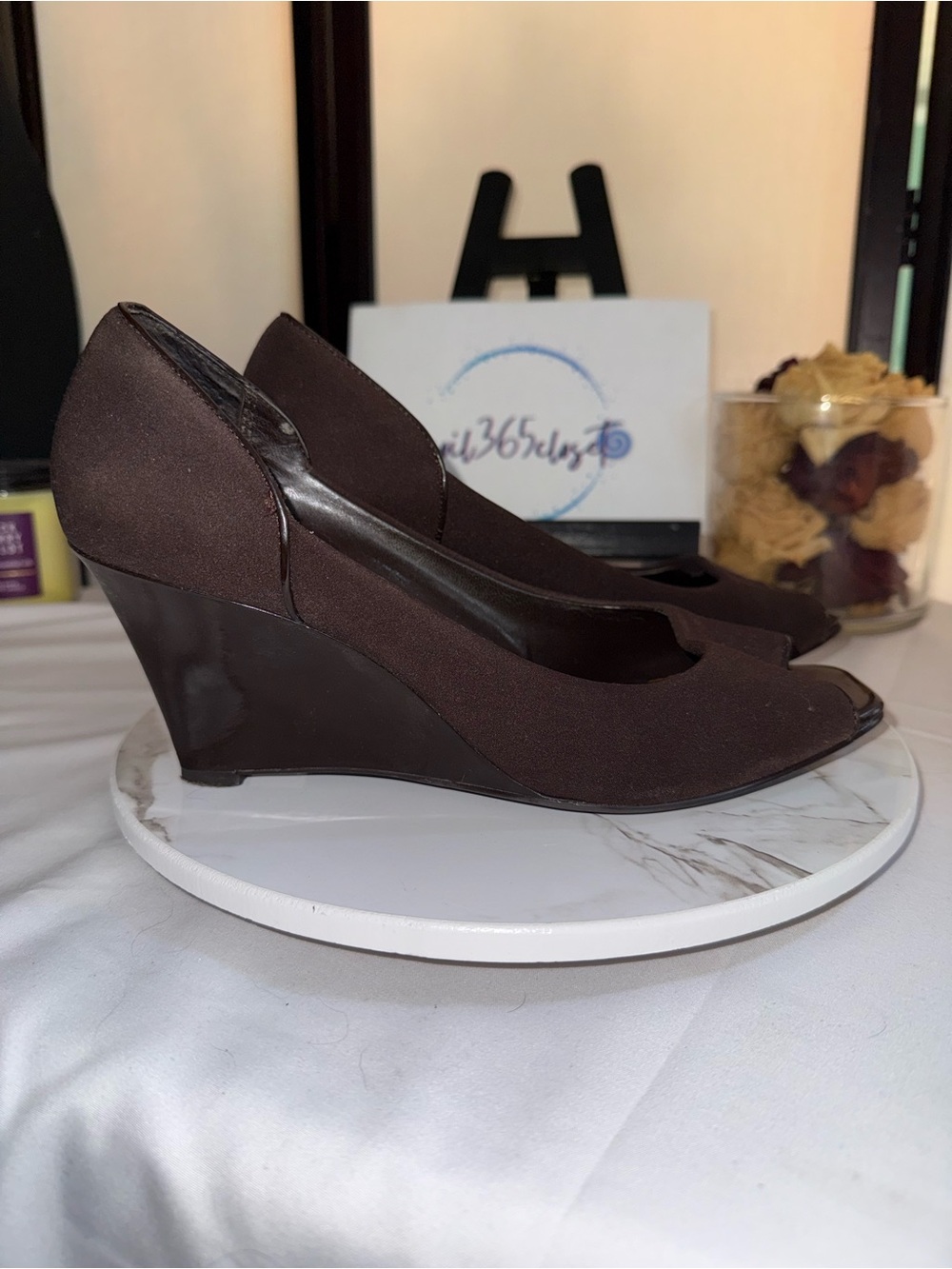 Ellen Tracy Dark Brown Peep-Toe Wedge Heels